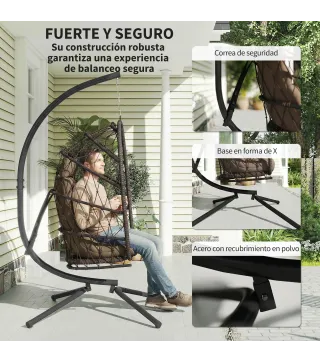 Silla Colgante Huevo con Soporte Cesta Plegable Cojín Reposacabezas Funda Protectora y Cuerda Carga 120 kg Marrón