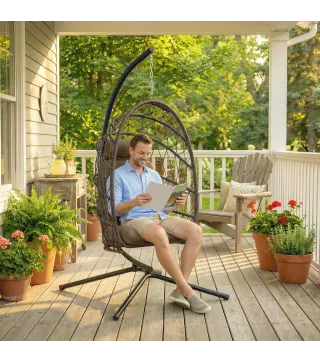 Silla Colgante Huevo con Soporte Cesta Plegable Cojín Reposacabezas Funda Protectora y Cuerda Carga 120 kg Marrón