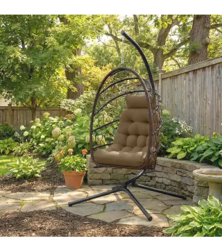 Silla Colgante Huevo con Soporte Cesta Plegable Cojín Reposacabezas Funda Protectora y Cuerda Carga 120 kg Marrón