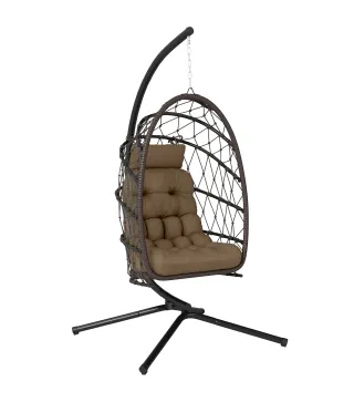 Silla Colgante Huevo con Soporte Cesta Plegable Cojín Reposacabezas Funda Protectora y Cuerda Carga 120 kg Marrón
