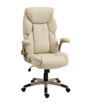 Silla de Oficina con Masaje Vibratorio de 4 Puntos Calor Lumbar Brazos Abatibles Respaldo Alto Altura Ajustable Crema
