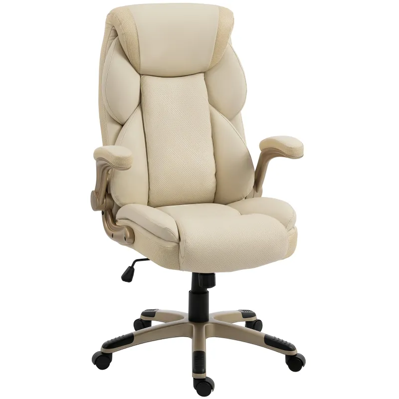 Silla de Oficina con Masaje Vibratorio de 4 Puntos Calor Lumbar Brazos Abatibles Respaldo Alto Altura Ajustable Crema