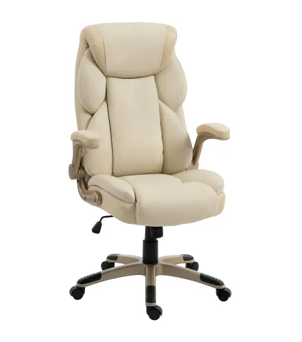 Silla de Oficina con Masaje Vibratorio de 4 Puntos Calor Lumbar Brazos Abatibles Respaldo Alto Altura Ajustable Crema