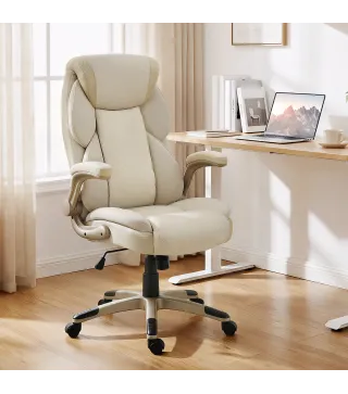 Silla de Oficina con Masaje Vibratorio de 4 Puntos Calor Lumbar Brazos Abatibles Respaldo Alto Altura Ajustable Crema