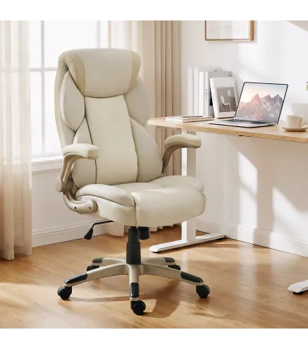 Silla de Oficina con Masaje Vibratorio de 4 Puntos Calor Lumbar Brazos Abatibles Respaldo Alto Altura Ajustable Crema