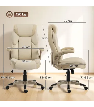 Silla de Oficina con Masaje Vibratorio de 4 Puntos Calor Lumbar Brazos Abatibles Respaldo Alto Altura Ajustable Crema