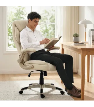 Silla de Oficina con Masaje Vibratorio de 4 Puntos Calor Lumbar Brazos Abatibles Respaldo Alto Altura Ajustable Crema