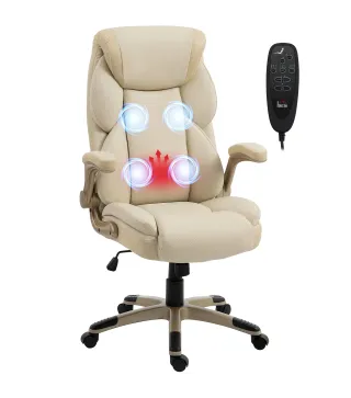 Silla de Oficina con Masaje Vibratorio de 4 Puntos Calor Lumbar Brazos Abatibles Respaldo Alto Altura Ajustable Crema