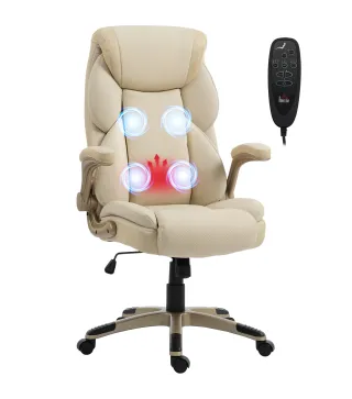 Silla de Oficina con Masaje Vibratorio de 4 Puntos Calor Lumbar Brazos Abatibles Respaldo Alto Altura Ajustable Crema
