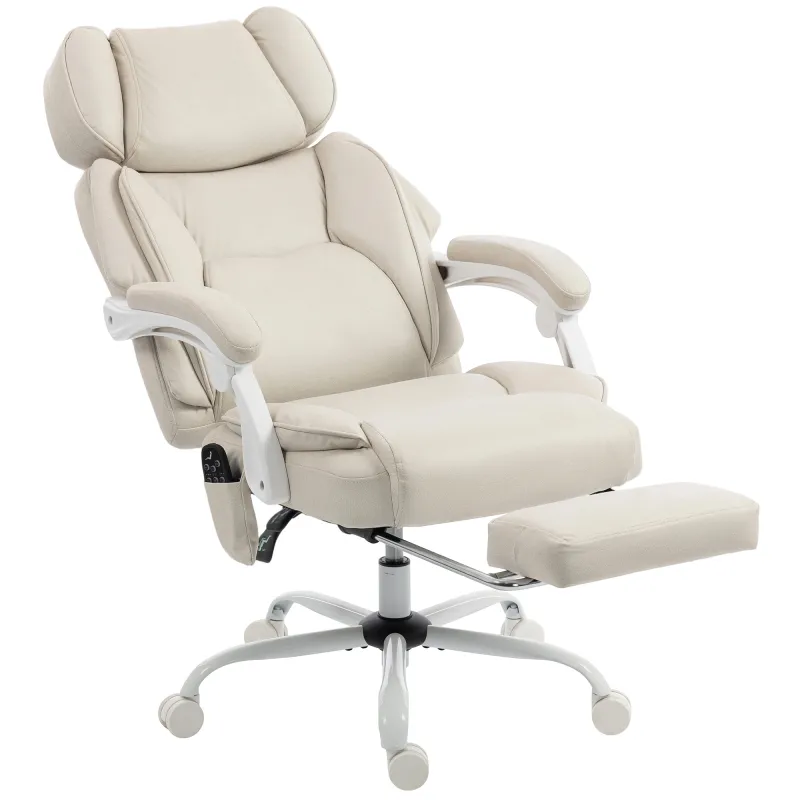Silla de Escritorio Reclinable con Masaje Vibratorio de 6 Puntos Calor Lumbar Reposacabezas Ajustable Reposapiés Crema