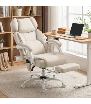 Silla de Escritorio Reclinable con Masaje Vibratorio de 6 Puntos Calor Lumbar Reposacabezas Ajustable Reposapiés Crema