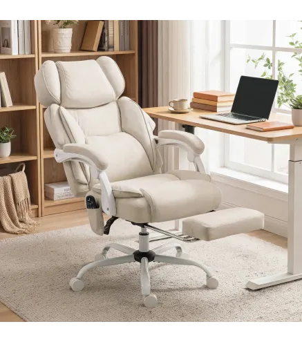 Silla de Escritorio Reclinable con Masaje Vibratorio de 6 Puntos Calor Lumbar Reposacabezas Ajustable Reposapiés Crema