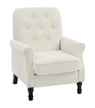 Sofá Individual Tapizado en Lino Asiento Acolchado Grueso Respaldo Capitoné Patas de Madera Maciza Crema