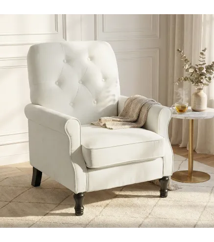 Sofá Individual Tapizado en Lino Asiento Acolchado Grueso Respaldo Capitoné Patas de Madera Maciza Crema