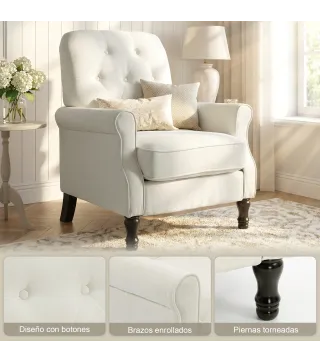 Sofá Individual Tapizado en Lino Asiento Acolchado Grueso Respaldo Capitoné Patas de Madera Maciza Crema