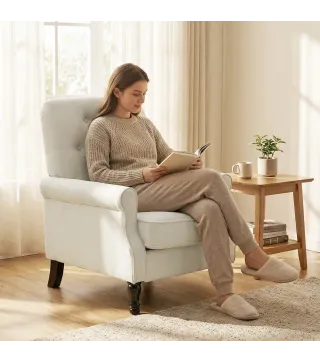 Sofá Individual Tapizado en Lino Asiento Acolchado Grueso Respaldo Capitoné Patas de Madera Maciza Crema