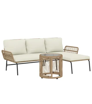 Conjunto de Muebles de Jardín Exterior de Ratán con Sofá de 2 Plazas Chaise Longue Cojines y Mesa Auxiliar Crema