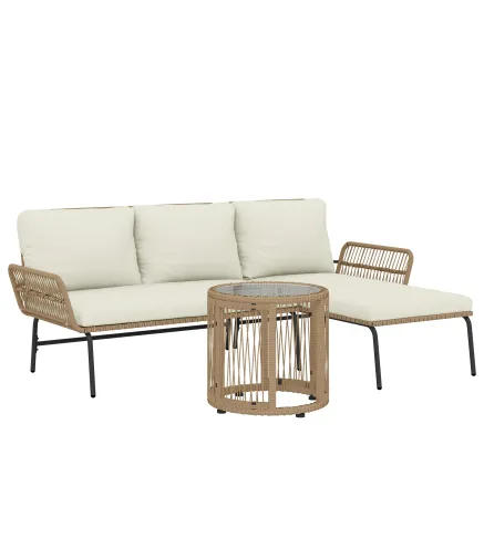 Conjunto de Muebles de Jardín Exterior de Ratán con Sofá de 2 Plazas Chaise Longue Cojines y Mesa Auxiliar Crema