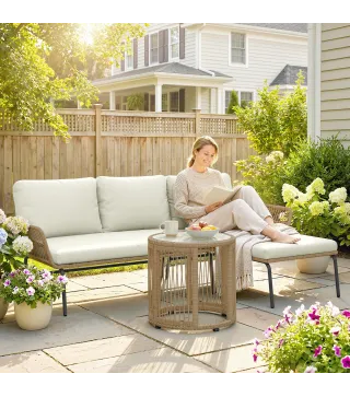 Conjunto de Muebles de Jardín Exterior de Ratán con Sofá de 2 Plazas Chaise Longue Cojines y Mesa Auxiliar Crema