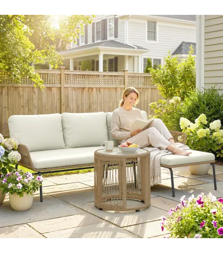 Conjunto de Muebles de Jardín Exterior de Ratán con Sofá de 2 Plazas Chaise Longue Cojines y Mesa Auxiliar Crema