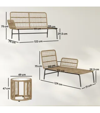 Conjunto de Muebles de Jardín Exterior de Ratán con Sofá de 2 Plazas Chaise Longue Cojines y Mesa Auxiliar Crema