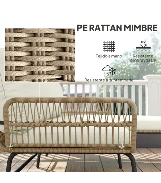 Conjunto de Muebles de Jardín Exterior de Ratán con Sofá de 2 Plazas Chaise Longue Cojines y Mesa Auxiliar Crema