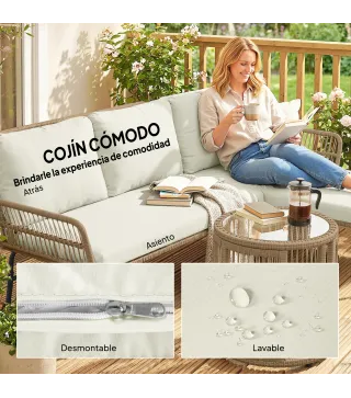 Conjunto de Muebles de Jardín Exterior de Ratán con Sofá de 2 Plazas Chaise Longue Cojines y Mesa Auxiliar Crema