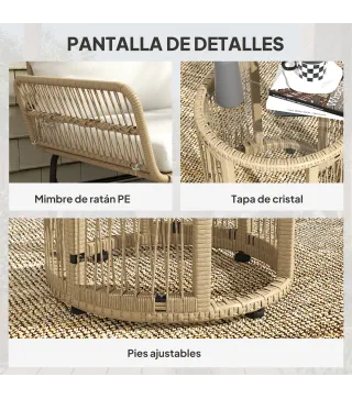 Conjunto de Muebles de Jardín Exterior de Ratán con Sofá de 2 Plazas Chaise Longue Cojines y Mesa Auxiliar Crema