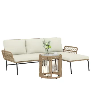 Conjunto de Muebles de Jardín Exterior de Ratán con Sofá de 2 Plazas Chaise Longue Cojines y Mesa Auxiliar Crema