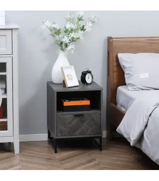 Mesita de Noche Estilo Moderno con 1 Cajón y Estante Abierto para Dormitorio Salón Oficina 40x40x52cm Gris Oscuro