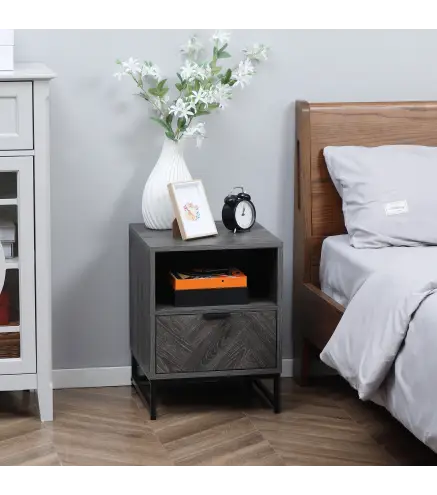 Mesita de Noche Estilo Moderno con 1 Cajón y Estante Abierto para Dormitorio Salón Oficina 40x40x52cm Gris Oscuro