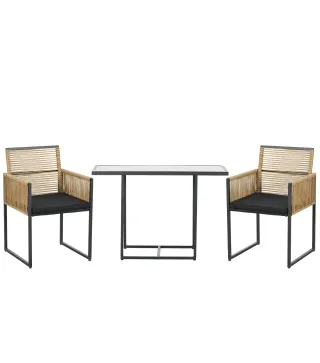 Set de Mesa de Cristal y 2 Sillas de Ratán Sintético con Respaldos Plegables Diseño Anidado con Cojines Natural y Negro