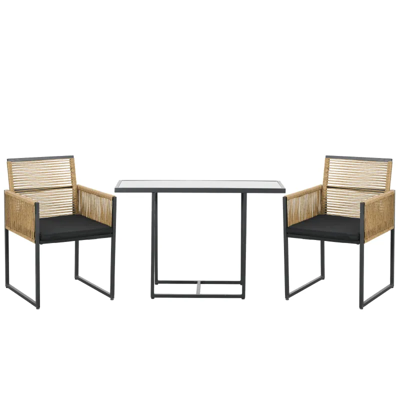 Set de Mesa de Cristal y 2 Sillas de Ratán Sintético con Respaldos Plegables Diseño Anidado con Cojines Natural y Negro