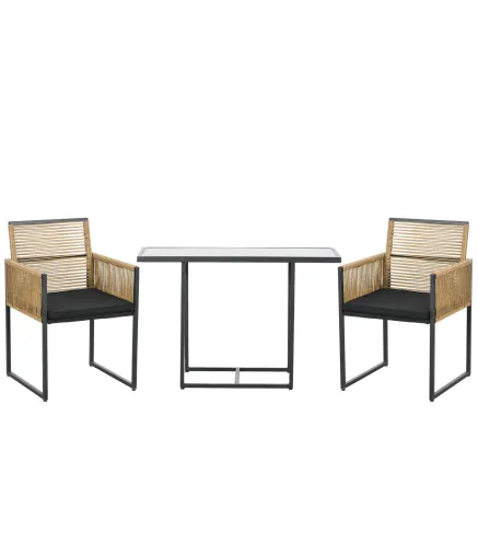 Set de Mesa de Cristal y 2 Sillas de Ratán Sintético con Respaldos Plegables Diseño Anidado con Cojines Natural y Negro