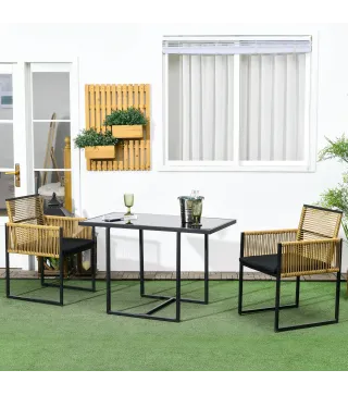 Set de Mesa de Cristal y 2 Sillas de Ratán Sintético con Respaldos Plegables Diseño Anidado con Cojines Natural y Negro
