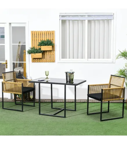 Set de Mesa de Cristal y 2 Sillas de Ratán Sintético con Respaldos Plegables Diseño Anidado con Cojines Natural y Negro