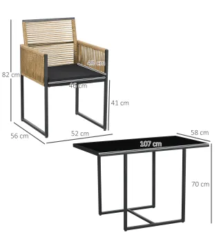 Set de Mesa de Cristal y 2 Sillas de Ratán Sintético con Respaldos Plegables Diseño Anidado con Cojines Natural y Negro