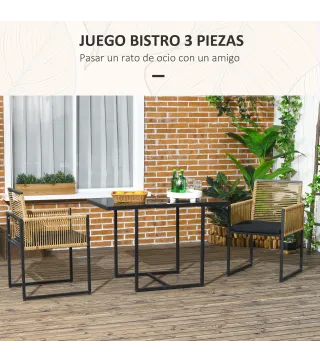 Set de Mesa de Cristal y 2 Sillas de Ratán Sintético con Respaldos Plegables Diseño Anidado con Cojines Natural y Negro