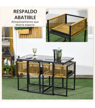 Set de Mesa de Cristal y 2 Sillas de Ratán Sintético con Respaldos Plegables Diseño Anidado con Cojines Natural y Negro