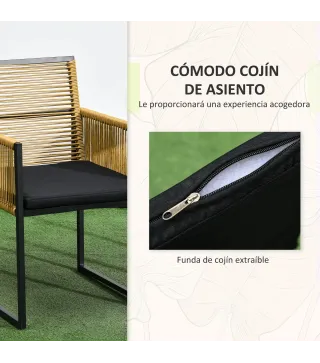 Set de Mesa de Cristal y 2 Sillas de Ratán Sintético con Respaldos Plegables Diseño Anidado con Cojines Natural y Negro