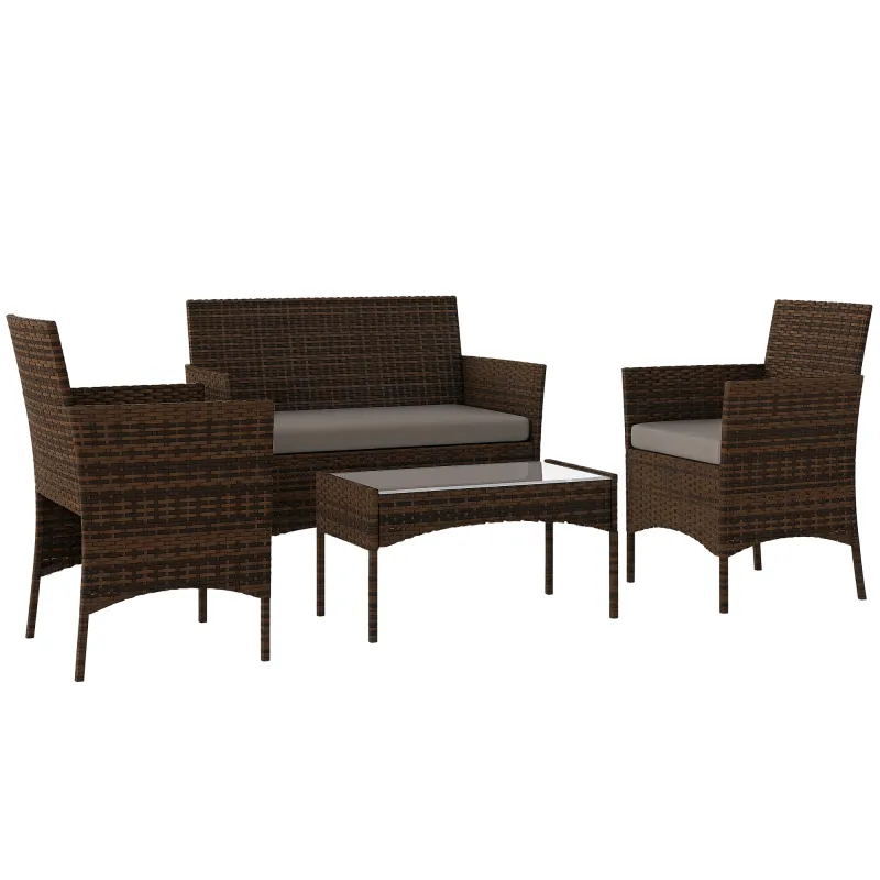 Conjunto Muebles Jardín de Ratán Sintético con Sofá Sillones y Mesa de Vidrio Templado y Cojines Marrón y Gris Conjunto Muebles Jardín de Ratán Sintético con Sofá Sillones y Mesa de Vidrio Templado y Cojines Marrón y Gris