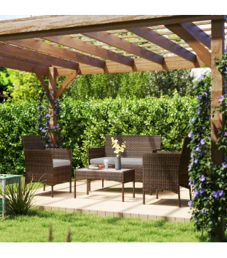 Conjunto Muebles Jardín de Ratán Sintético con Sofá Sillones y Mesa de Vidrio Templado y Cojines Marrón y Gris