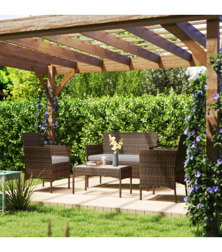 Conjunto Muebles Jardín de Ratán Sintético con Sofá Sillones y Mesa de Vidrio Templado y Cojines Marrón y Gris