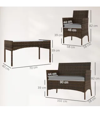 Conjunto Muebles Jardín de Ratán Sintético con Sofá Sillones y Mesa de Vidrio Templado y Cojines Marrón y Gris