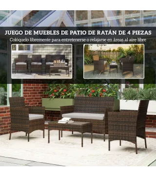 Conjunto Muebles Jardín de Ratán Sintético con Sofá Sillones y Mesa de Vidrio Templado y Cojines Marrón y Gris