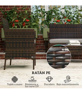 Conjunto Muebles Jardín de Ratán Sintético con Sofá Sillones y Mesa de Vidrio Templado y Cojines Marrón y Gris