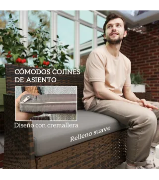 Conjunto Muebles Jardín de Ratán Sintético con Sofá Sillones y Mesa de Vidrio Templado y Cojines Marrón y Gris