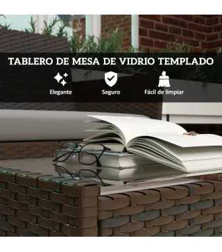 Conjunto Muebles Jardín de Ratán Sintético con Sofá Sillones y Mesa de Vidrio Templado y Cojines Marrón y Gris