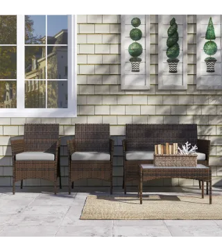 Conjunto Muebles Jardín de Ratán Sintético con Sofá Sillones y Mesa de Vidrio Templado y Cojines Marrón y Gris