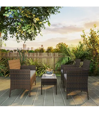 Conjunto Muebles Jardín de Ratán Sintético con Sofá Sillones y Mesa de Vidrio Templado y Cojines Marrón y Gris